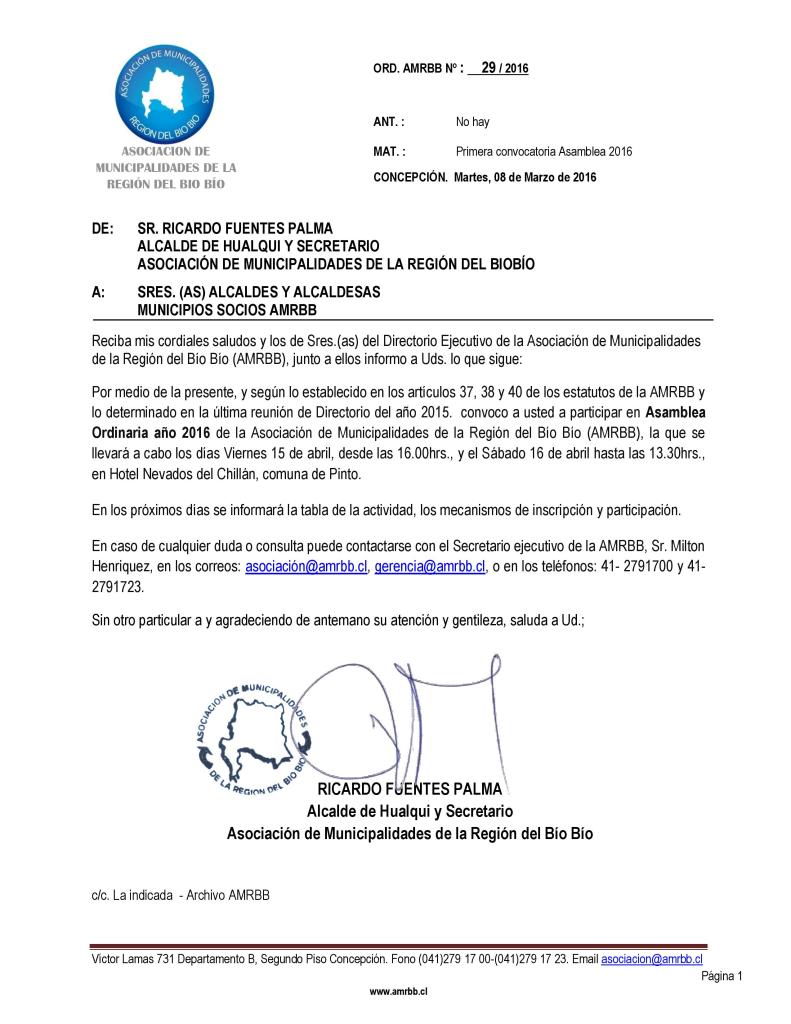 Ord. 29 - Primera convocatoria Asamblea 2016